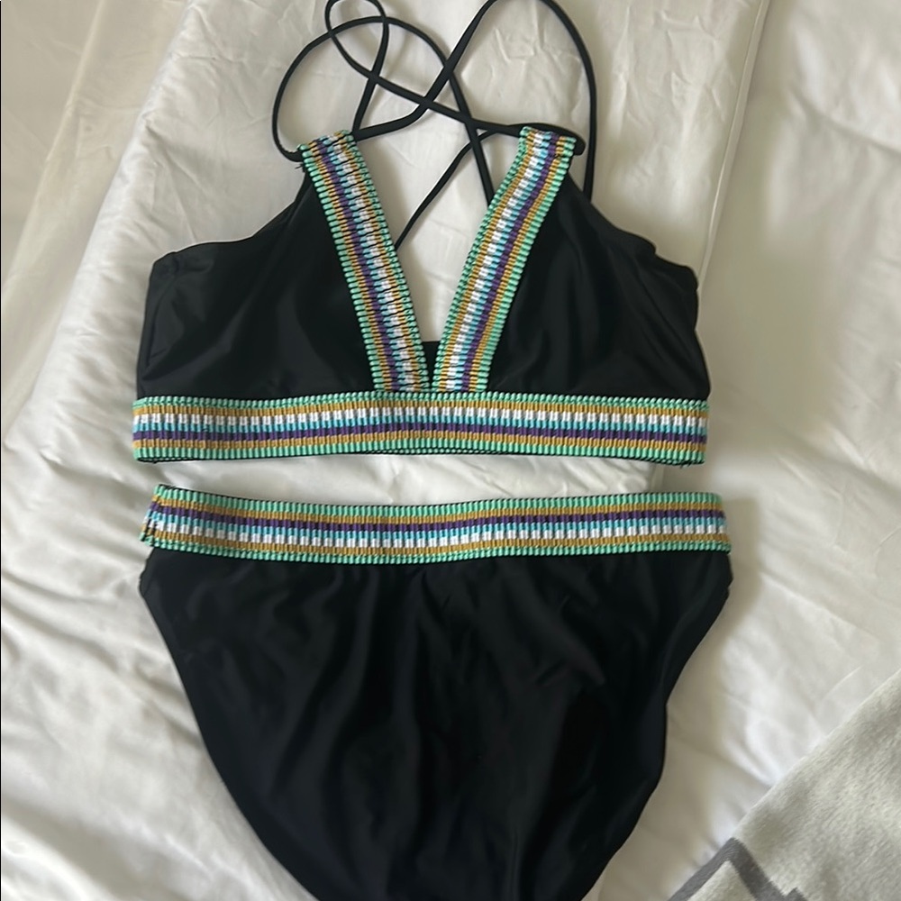 Women’s High Wasted Black/ Multicolor Border with Cross-back Bikini Swimsuit- XL